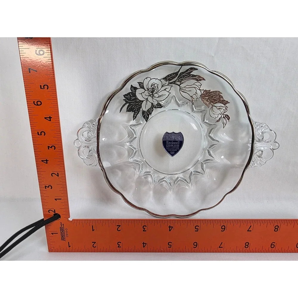 Rockwell Sterling‎ Silver Non-Tarnish 8 Inch Glass Plate Floral Design Handles